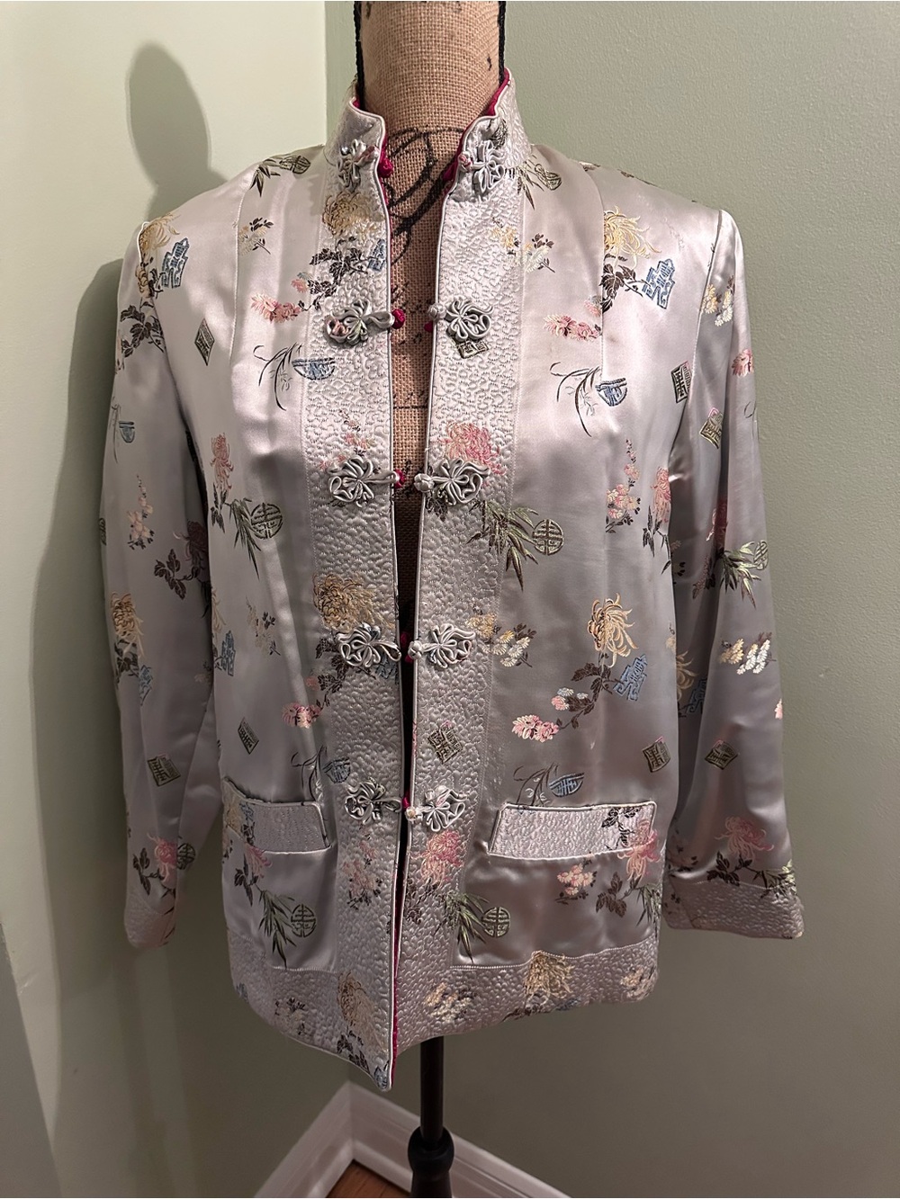 Vintage Silk Embroidered reversible Mandarin Jacket - Silver floral outer/ Red